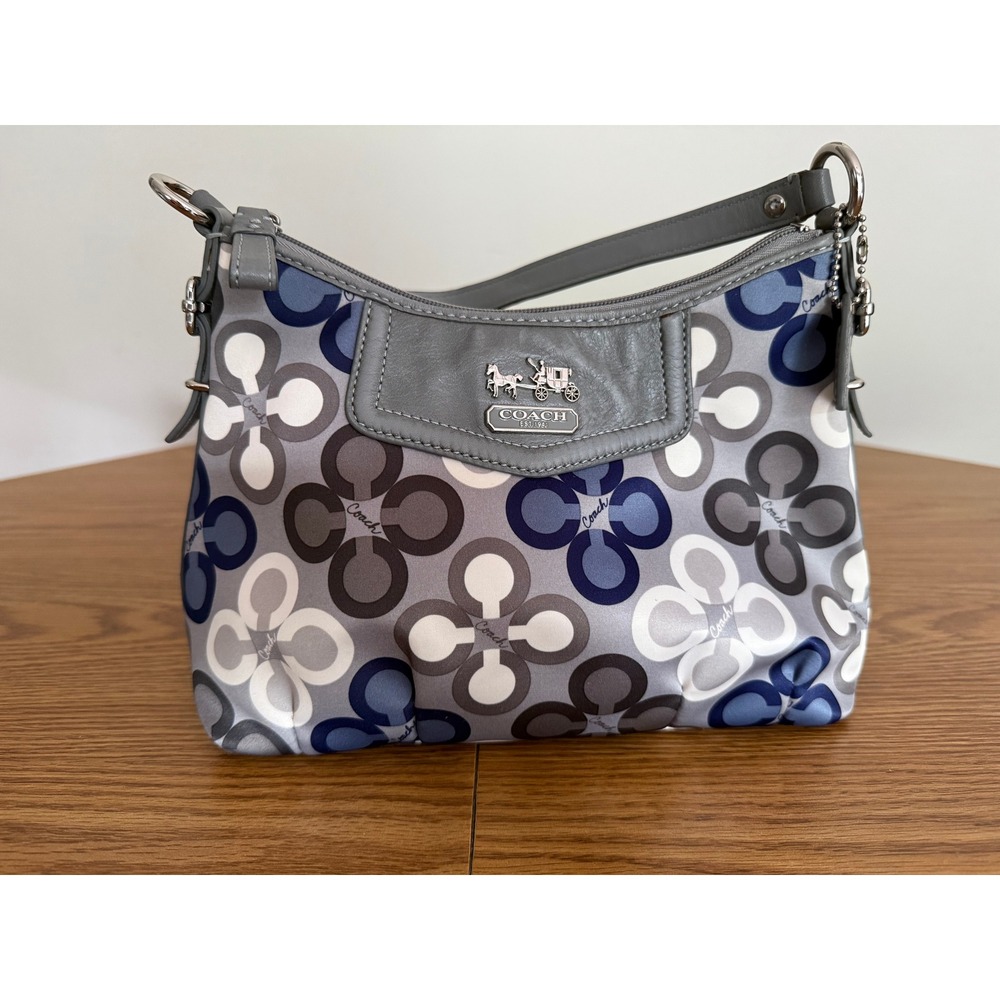 Coach Vintage Madison Clover-Print Satin Shoulder Bag Blue Gray Silver 18641